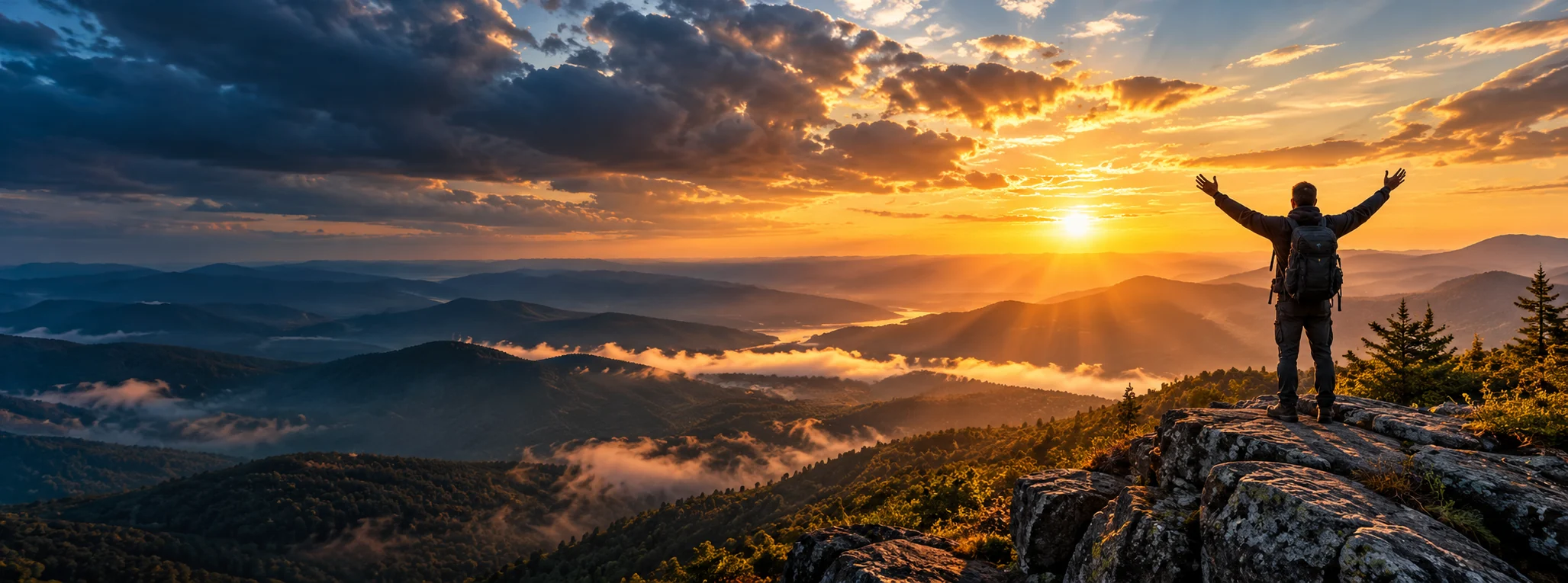 Hiker celebrating at sunrise above a mountain valley